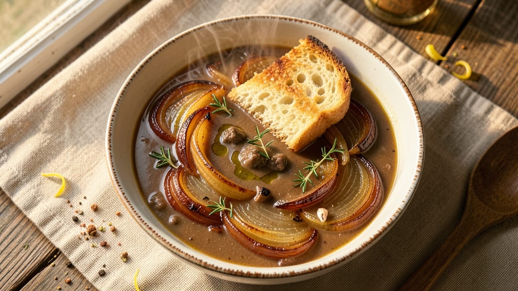 All-Day French Onion Soup Recipe: Crispy Gruyère Crowns Over Caramelized Onions