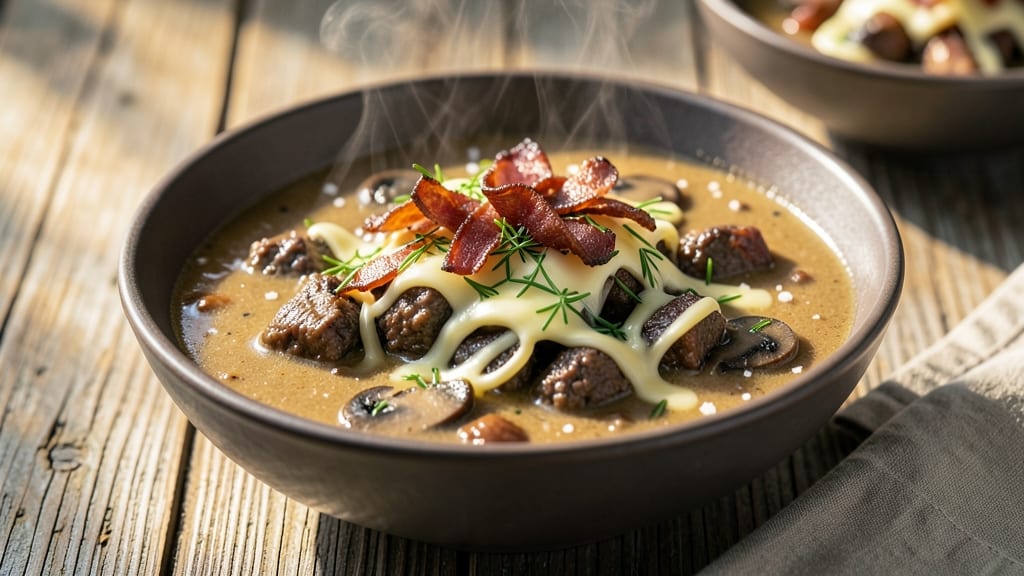 Bacon Mushroom Swiss Cheeseburger Soup Recipe: Smoky Bacon Crunch Meets Melty Swiss Layers