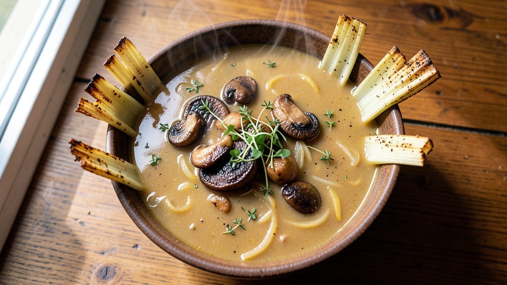 Ark Mushroom Soup Recipe: Smoky Celery Crown Crunch Over Creamy Wild Mushroom Velout