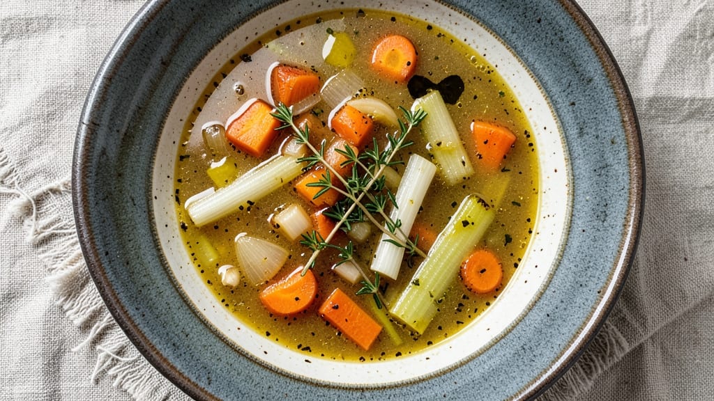 Amy's Vegetable Soup Recipe: Crispy Celery Crowns Over Hearty Herb Broth