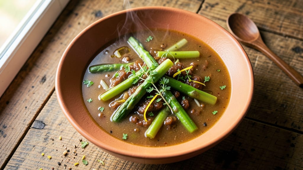 Asparagus Ends Soup Recipe: Crispy Celery Crowns on Creamy Herb Velout