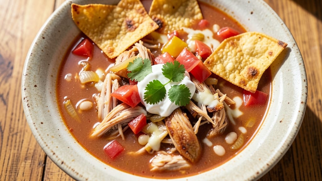 Best Chicken Enchilada Soup Recipe Ever: Shredded Tortilla Crunch Over Smoky Tomato-Chicken Velout