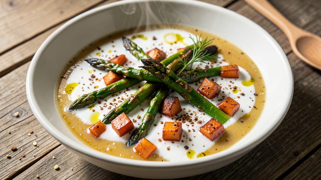 Asparagus and Sweet Potato Soup Recipe: Roasted Depth Meets Silky Velvety Smoothness