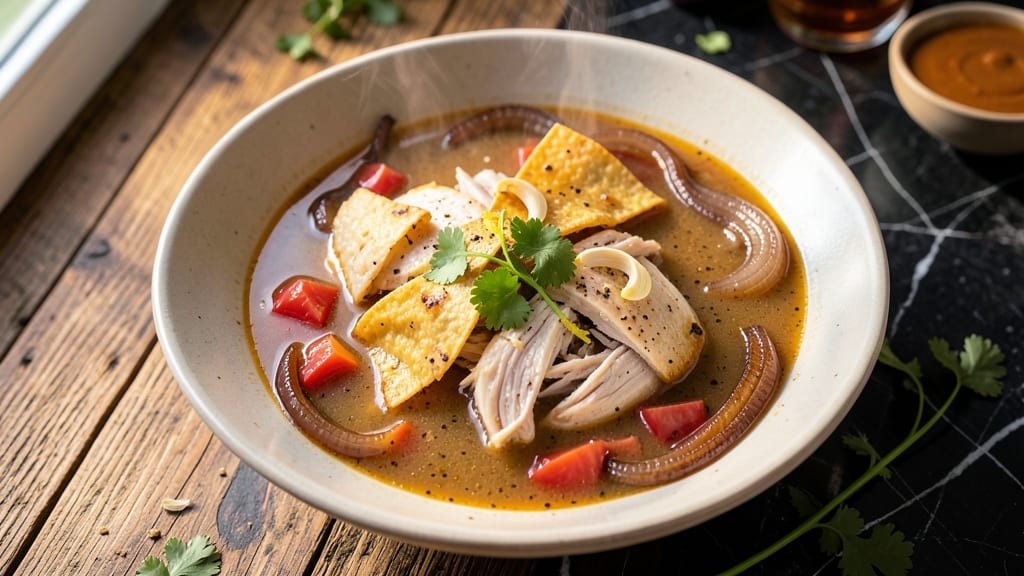 Basic Chicken Tortilla Soup Recipe: Crispy Tortilla Strips and Smoky Tomato Velout