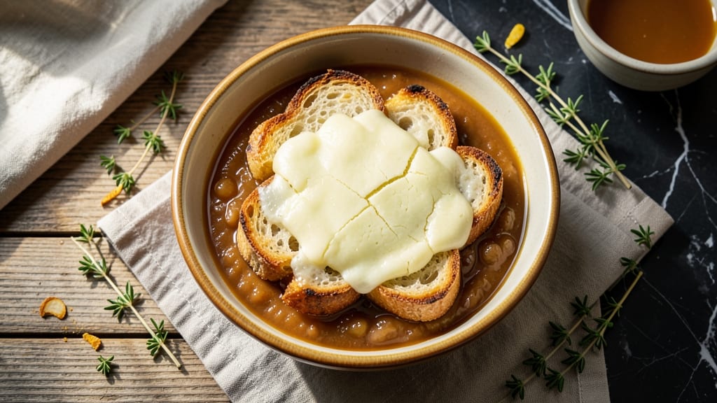 Bistro French Onion Soup Recipe: Crispy Celery Crowns Over Silky Beef Broth