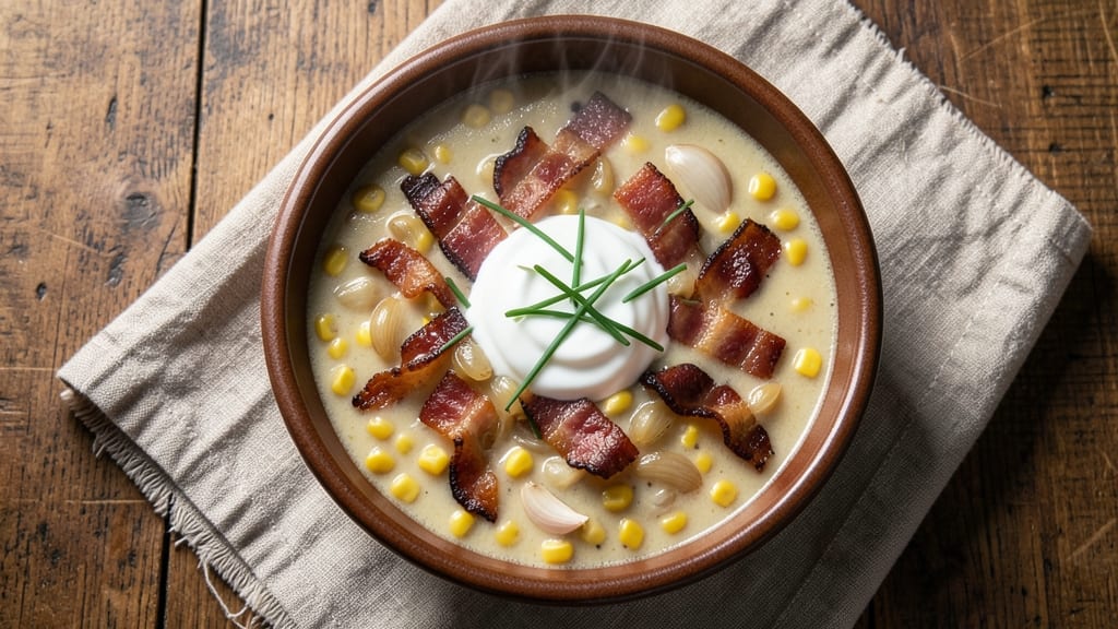 Bacon and Corn Soup Recipe: Smoky Crispy Bacon Bits and Sweet Corn Velout