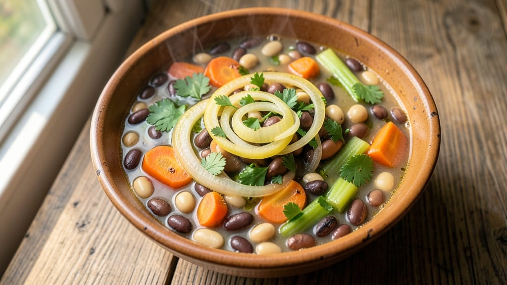 Bean Medley Soup Recipe: Celery Crown Crunch Over Hearty Tomato Velout