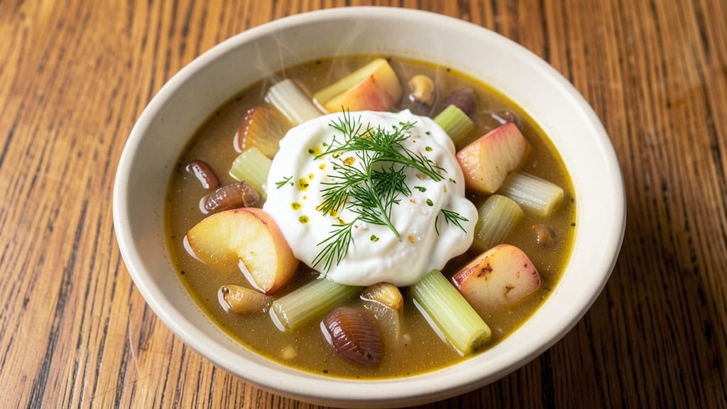 Apple Celery Soup Recipe: Crispy Celery Crowns Over Velvety Apple Base