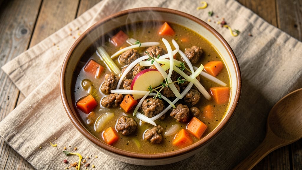 Autumn Ground Beef Soup Recipe: Warm Spiced Stew With Celery Crown Crunch