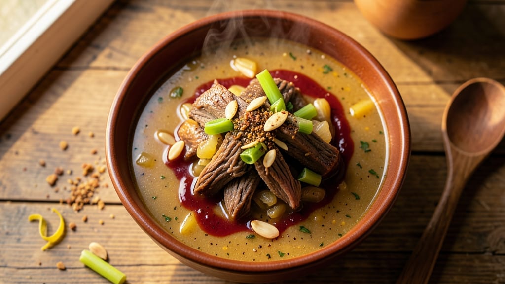 Beef Picadillo Soup Recipe: Spiced Tomato-Braised Beef and Crispy Celery Crowns