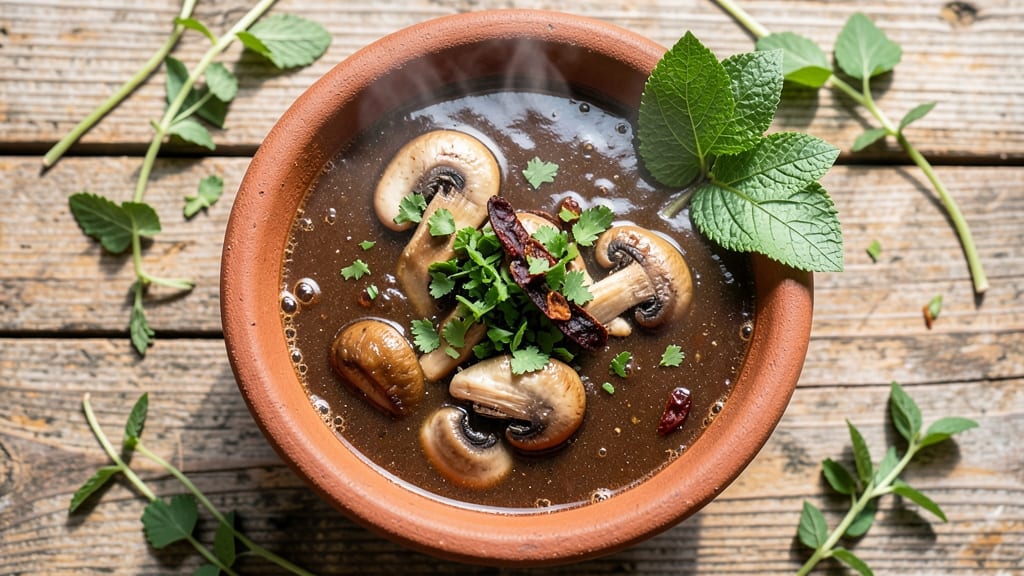 Authentic Aztec Soup Recipe: Ancient Mushroom and Herb Velouté With Toasted Corn Crunch