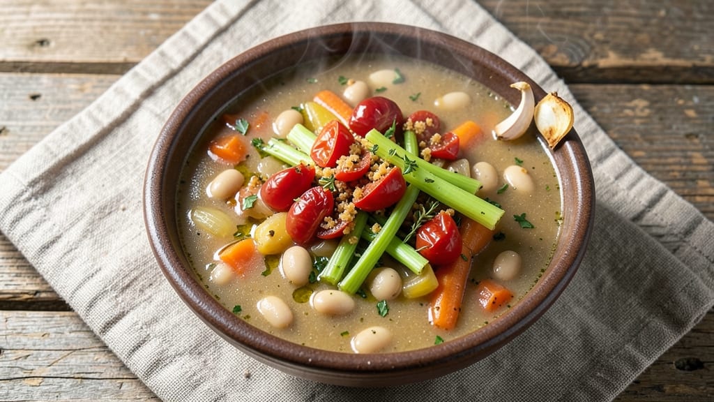 Bean Chowder Soup Recipe: Velvety Tomato Base with Crispy Celery Crowns
