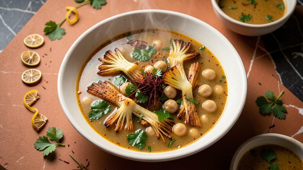 Ash Iranian Soup Recipe: Crispy Celery Crowns Over Smoky Herb Velout