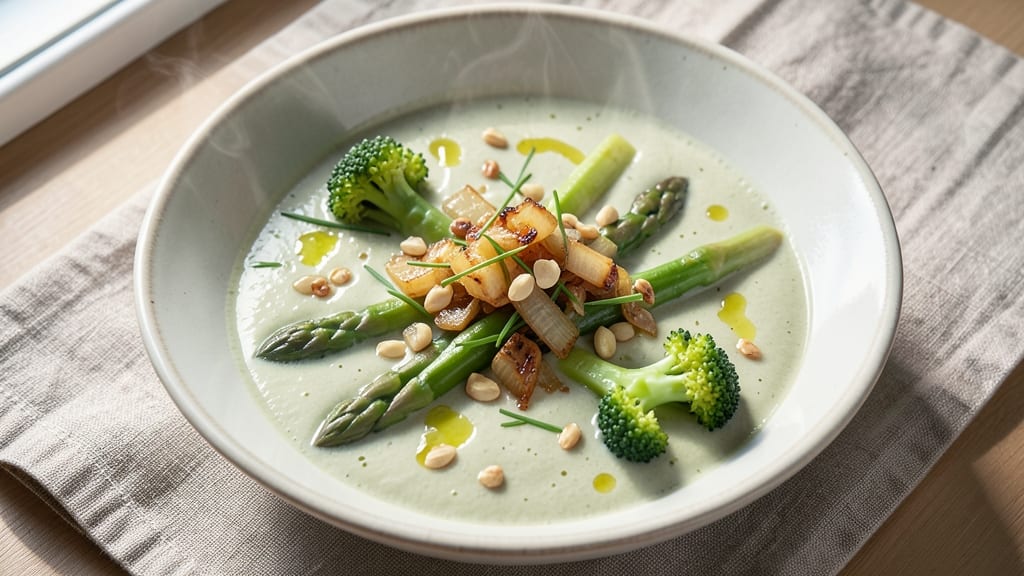 Asparagus and Broccoli Soup Recipe: Herby Green Velout With Toasted Almond Crunch