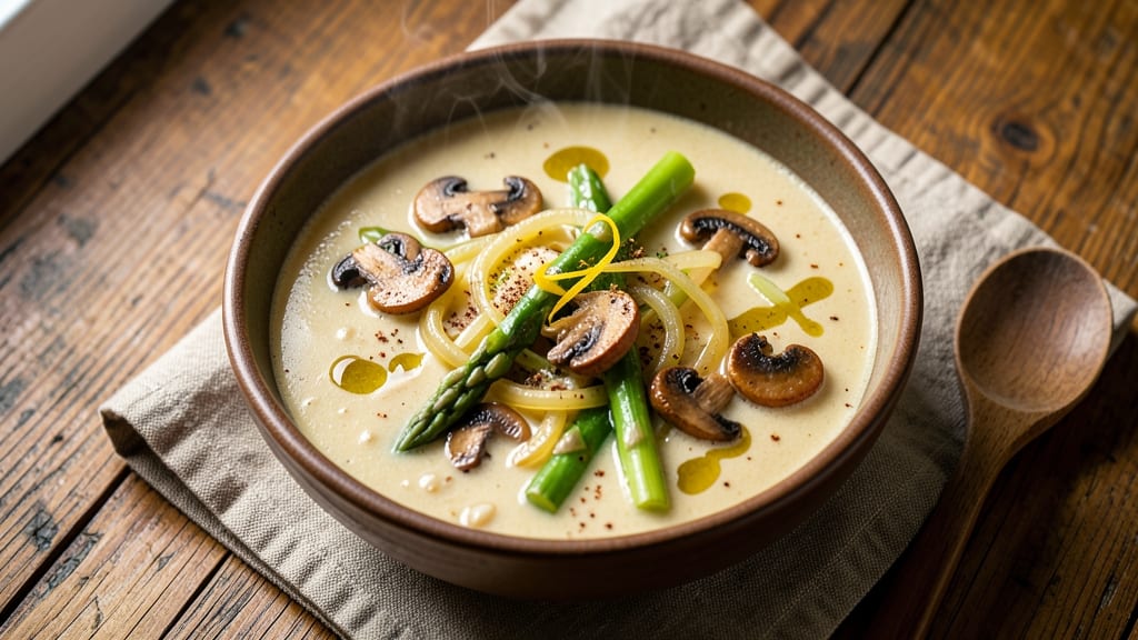 Asparagus and Mushroom Soup Recipe: Earthy Umami Depth With Crispy Celery Crown Topping