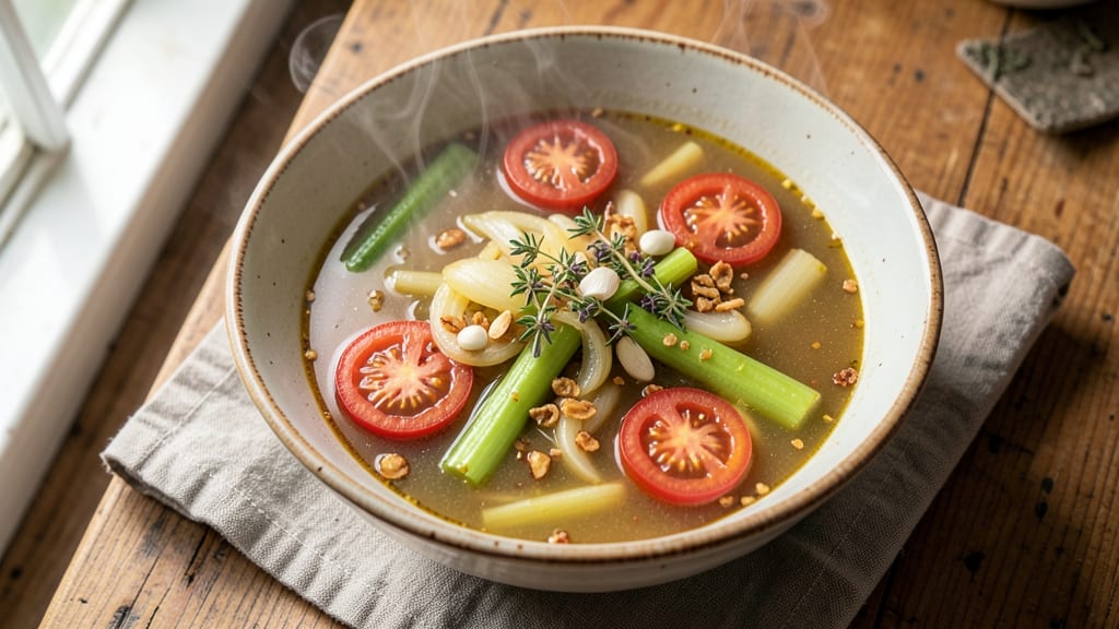Best Rainy Day Soup Recipe: Velvety Tomato Base With Crispy Celery Crowns