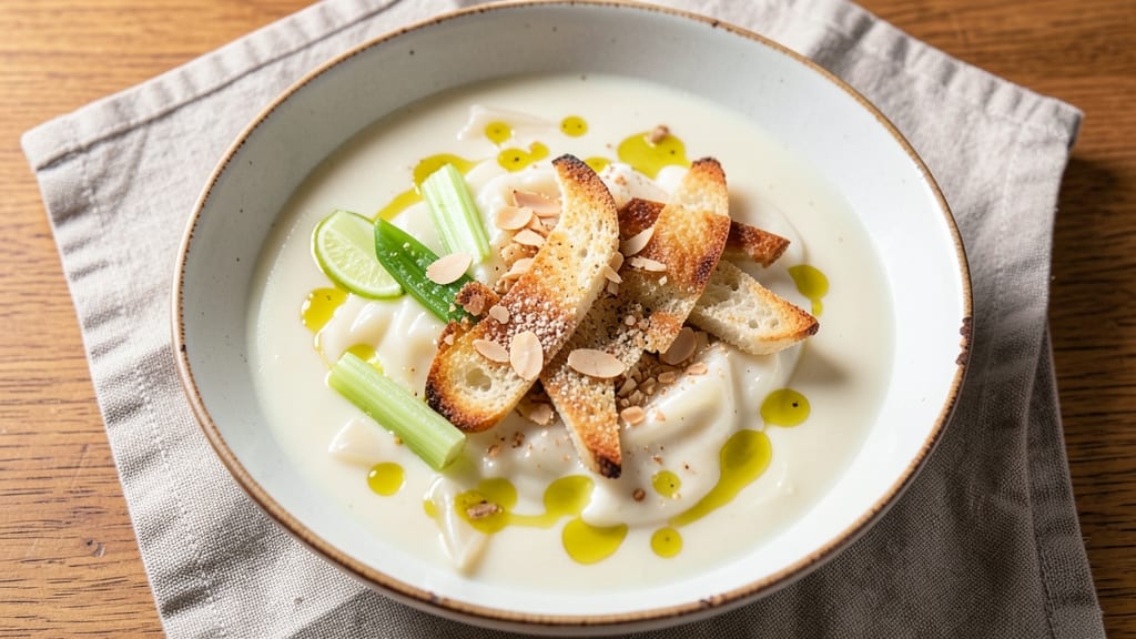 Ajo Blanco Soup Recipe: Crispy Celery Crowns Over Garlic-Infused Almond Cream