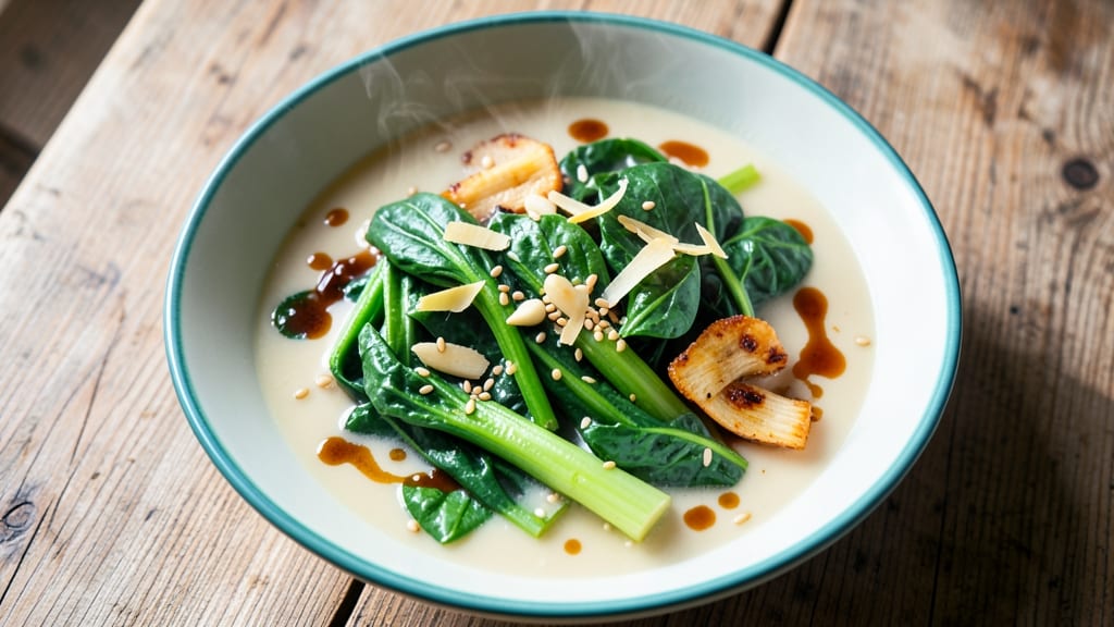 Asian Greens Soup Recipe: Silky Broth With Crispy Celery Crowns