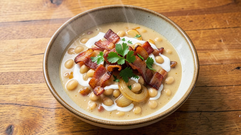 Bean with Bacon Soup Dip Recipe: Smoky Bacon Crunch and Creamy Bean Velout