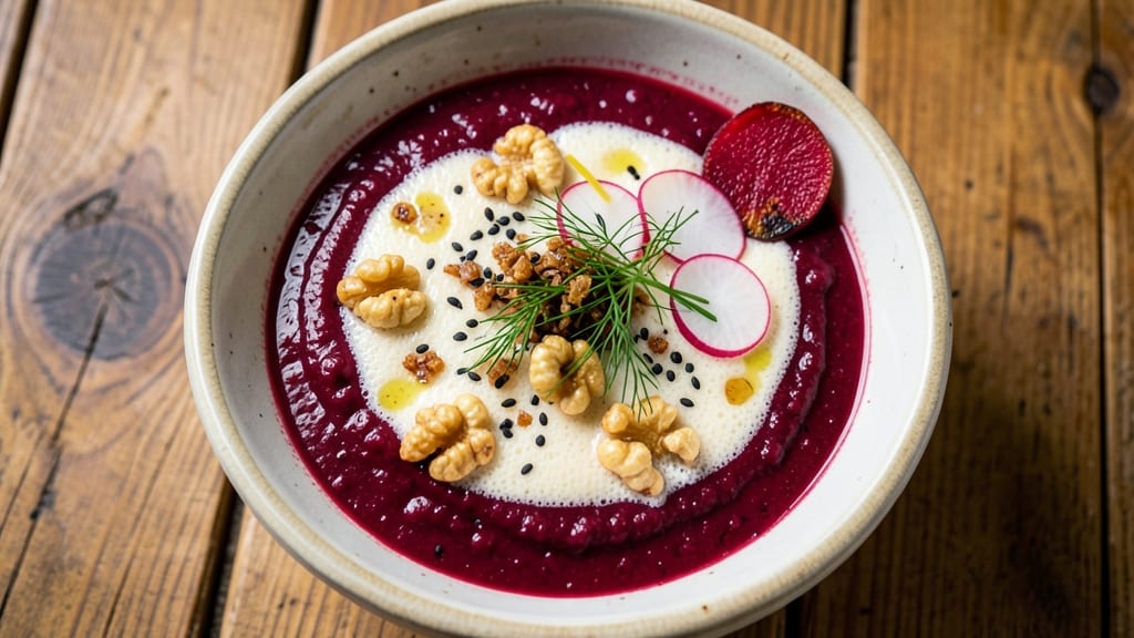 Beet Soup Recipe Vegetarian: Earthy Sweetness With Crispy Celery Crown Topping