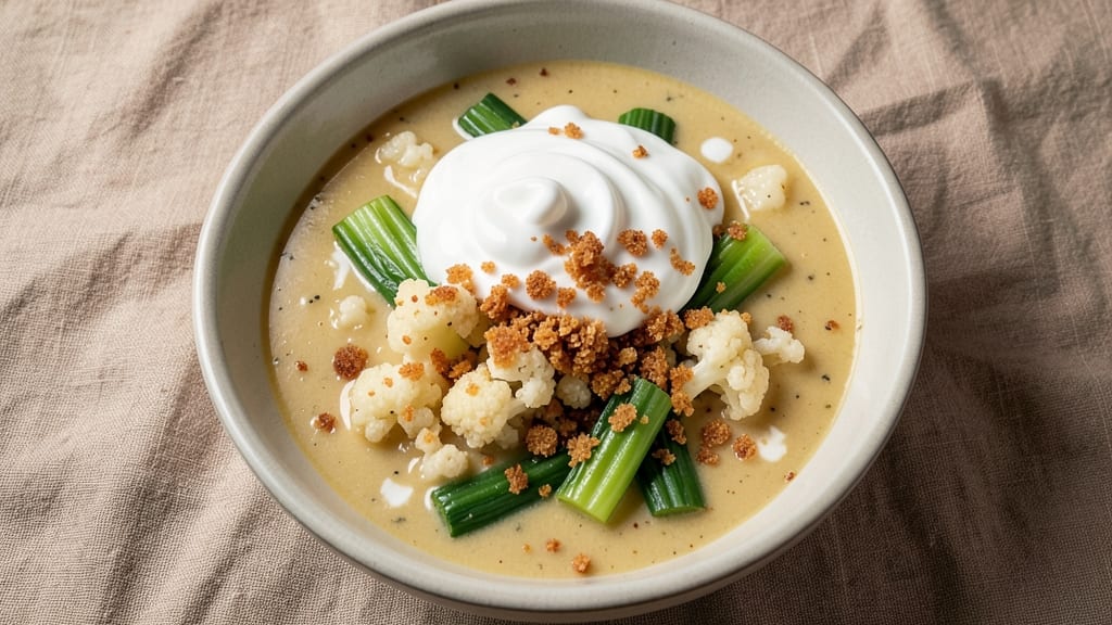Best Keto Soup Recipe Ever: Crispy Celery Crowns Over Creamy Cauliflower Velout