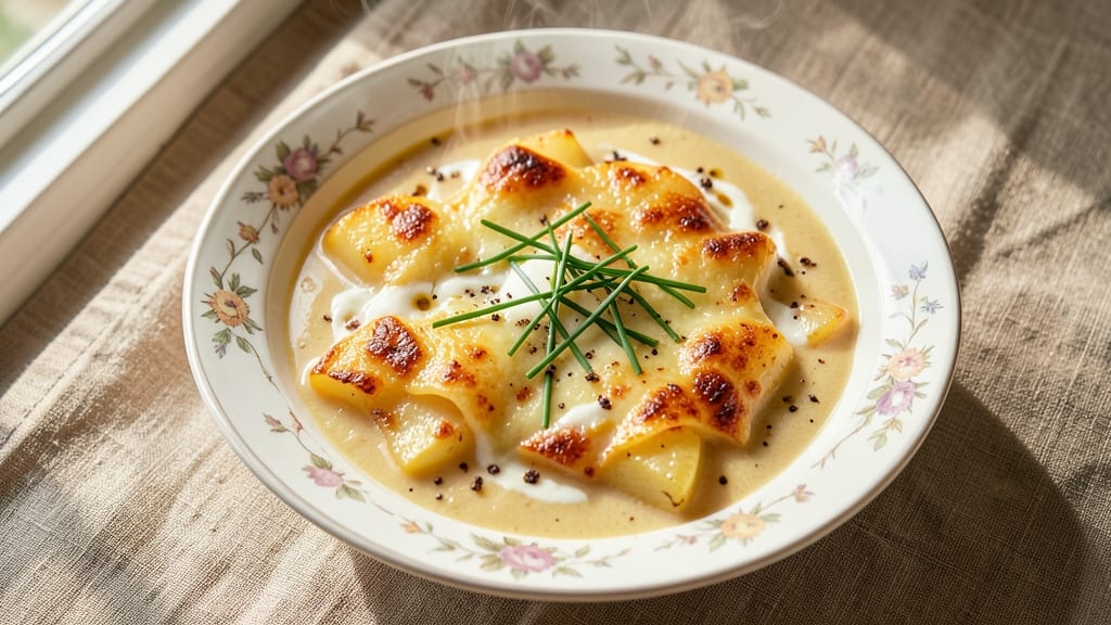 Au Gratin Potato Soup Recipe: Golden Cheese Crust Over Creamy Velouté