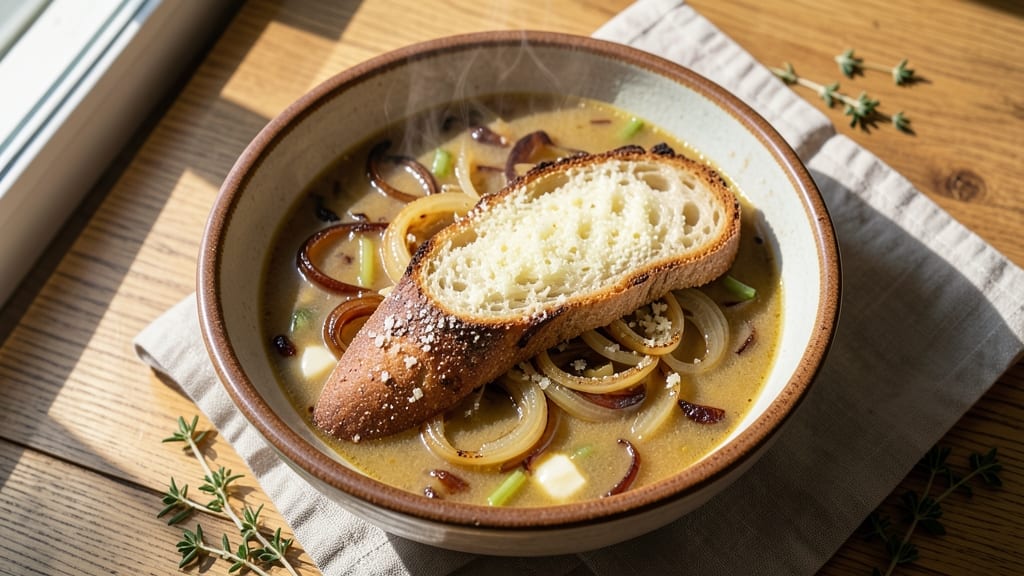 Best French Onion Soup in Paris Recipe: Crispy Celery Crowns Over Golden Broth