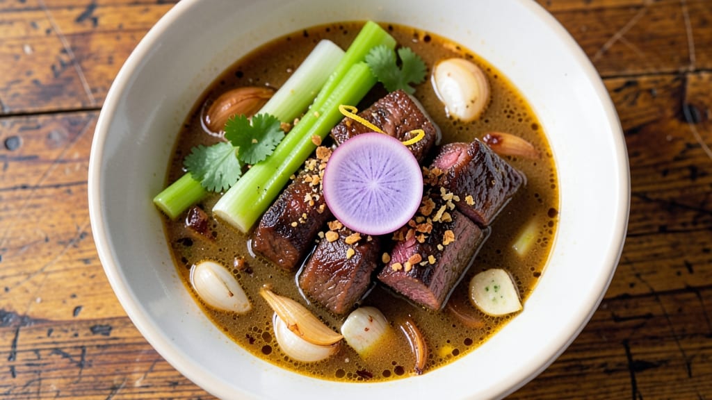 Beef Soup Recipe Panlasang Pinoy: Crispy Celery Crowns Over Savory Tomato-Ube Broth
